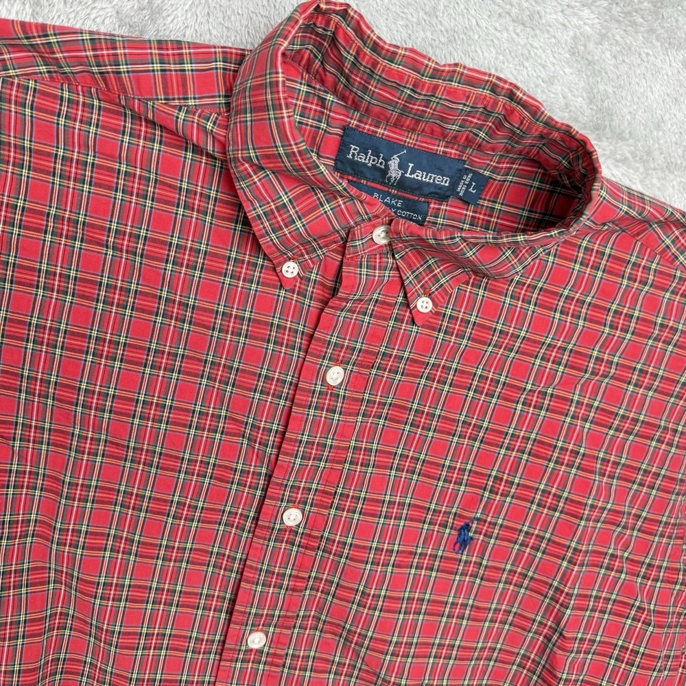 Ralph Lauren Blake Shirt Mens L Red Tartan Plaid 2-Ply Cotton L/S Pony Logo VTG
